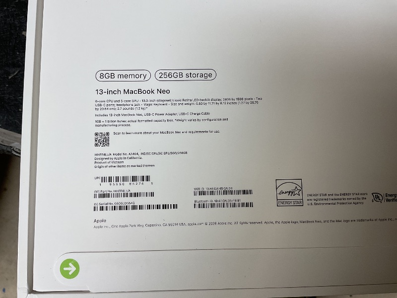 Photo 1 of Apple 2026 MacBook Neo 13-inch Laptop with A18 Pro chip: Built for AI and Apple Intelligence, Liquid Retina Display, 8GB Unified Memory, 256GB SSD Storage, 1080p FaceTime HD Camera; Indigo