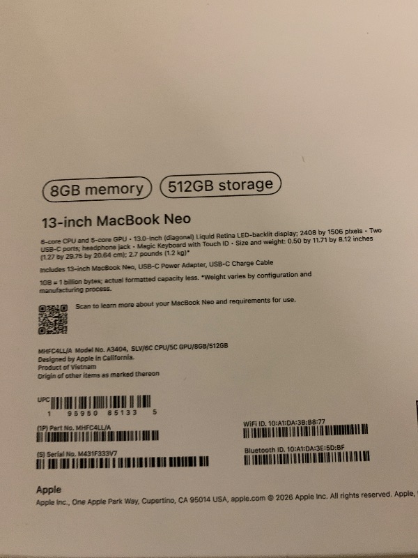 Photo 1 of Apple 2026 MacBook Neo 13-inch Laptop with A18 Pro chip: Built for AI and Apple Intelligence, Liquid Retina Display, 8GB Unified Memory, 512GB SSD Storage, 1080p FaceTime HD Camera, Touch ID; Silver