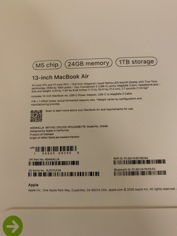 Photo 1 of Apple 2026 MacBook Air 13-inch Laptop with M5 chip: Built for AI, 13.6-inch Liquid Retina Display, 24GB Unified Memory, 1TB SSD, 12MP Center Stage Camera, Touch ID, Wi-Fi 7; Sky Blue