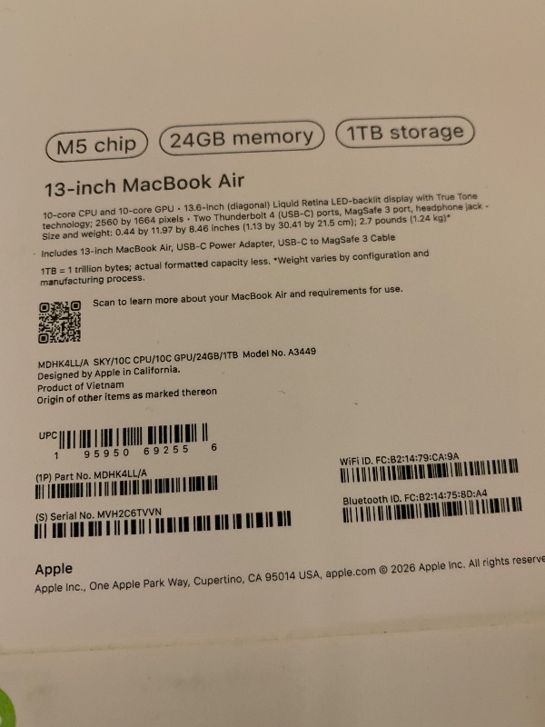 Photo 1 of Apple 2026 MacBook Air 13-inch Laptop with M5 chip: Built for AI, 13.6-inch Liquid Retina Display, 24GB Unified Memory, 1TB SSD, 12MP Center Stage Camera, Touch ID, Wi-Fi 7; Sky Blue