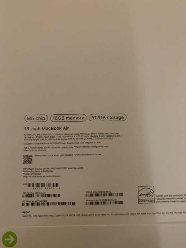 Photo 1 of Apple 2026 MacBook Air 13-inch Laptop with M5 chip: Built for AI, 13.6-inch Liquid Retina Display, 16GB Unified Memory, 512GB SSD, 12MP Center Stage Camera, Touch ID, Wi-Fi 7; Starlight