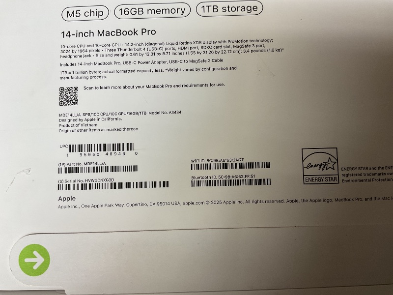 Photo 6 of Apple 2025 MacBook Pro Laptop with Apple M5 chip with 10?core CPU and 10?core GPU: Built for AI, 14.2-inch Liquid Retina XDR Display, 24GB Unified Memory, 1TB SSD Storage; Space Black