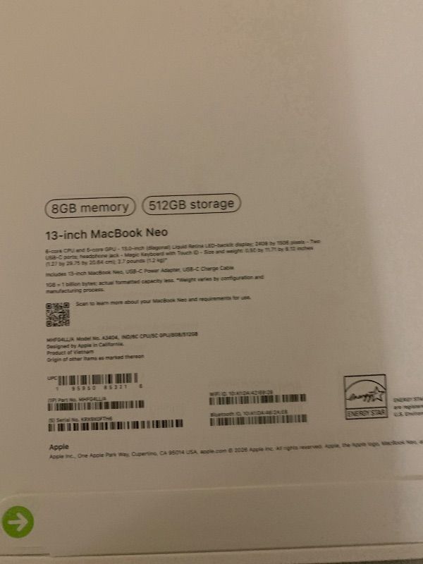 Photo 1 of Apple 2026 MacBook Neo 13-inch Laptop with A18 Pro chip: Built for AI and Apple Intelligence, Liquid Retina Display, 8GB Unified Memory, 512GB SSD Storage, 1080p FaceTime HD Camera, Touch ID; Indigo