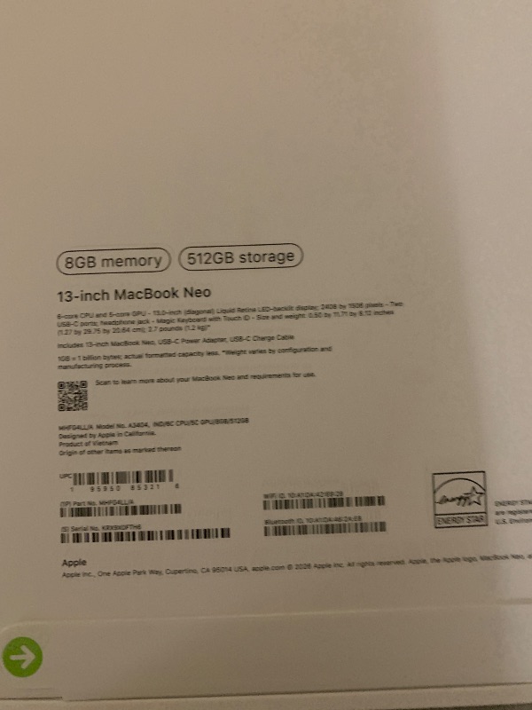 Photo 1 of Apple 2026 MacBook Neo 13-inch Laptop with A18 Pro chip: Built for AI and Apple Intelligence, Liquid Retina Display, 8GB Unified Memory, 512GB SSD Storage, 1080p FaceTime HD Camera, Touch ID; Indigo