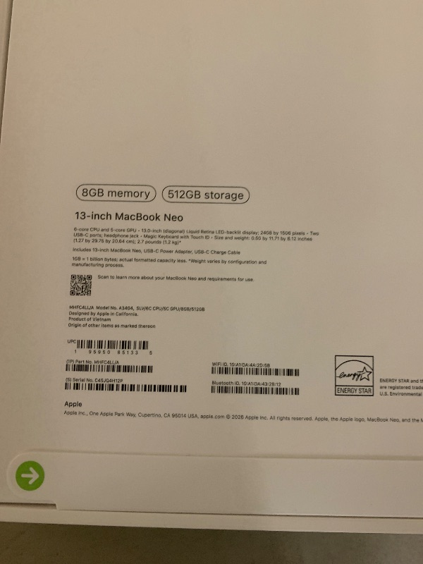 Photo 1 of Apple 2026 MacBook Neo 13-inch Laptop with A18 Pro chip: Built for AI and Apple Intelligence, Liquid Retina Display, 8GB Unified Memory, 512GB SSD Storage, 1080p FaceTime HD Camera, Touch ID; Silver