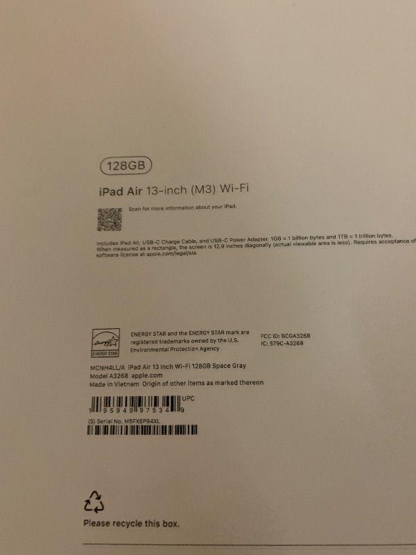 Photo 1 of Apple iPad Air 13-inch with M3 chip Built for Apple Intelligence, Liquid Retina Display, 128GB, 12MP Front/Back Camera, Wi-Fi 6E, Touch ID, All-Day Battery Life — Space Gray