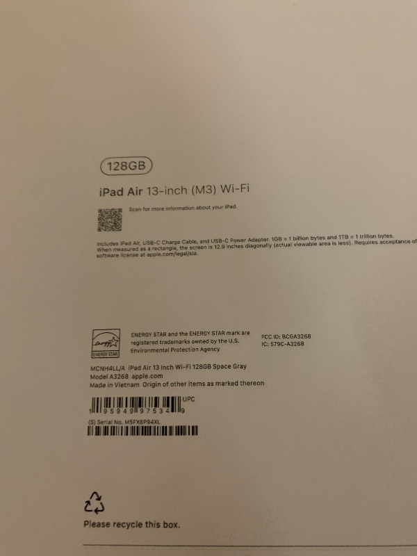 Photo 1 of Apple iPad Air 13-inch with M3 chip Built for Apple Intelligence, Liquid Retina Display, 128GB, 12MP Front/Back Camera, Wi-Fi 6E, Touch ID, All-Day Battery Life — Space Gray