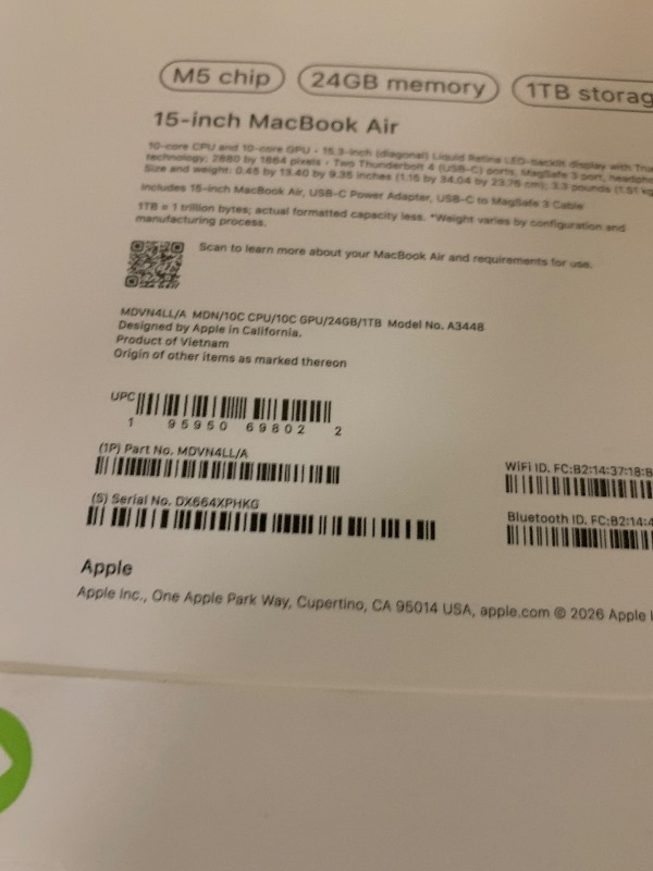 Photo 1 of Apple 2026 MacBook Air 15-inch Laptop with M5 chip: Built for AI, 15.3-inch Liquid Retina Display, 24GB Unified Memory, 1TB SSD, 12MP Center Stage Camera, Touch ID, Wi-Fi 7; Midnight *SEALED*
