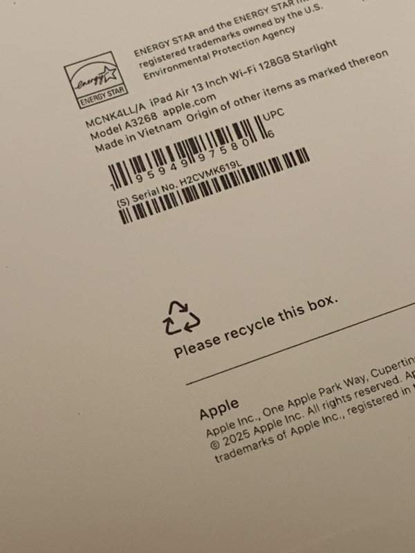 Photo 1 of Apple iPad Air 13-inch with M3 chip Built for Apple Intelligence, Liquid Retina Display, 128GB, 12MP Front/Back Camera, Wi-Fi 6E, Touch ID, All-Day Battery Life — Starlight