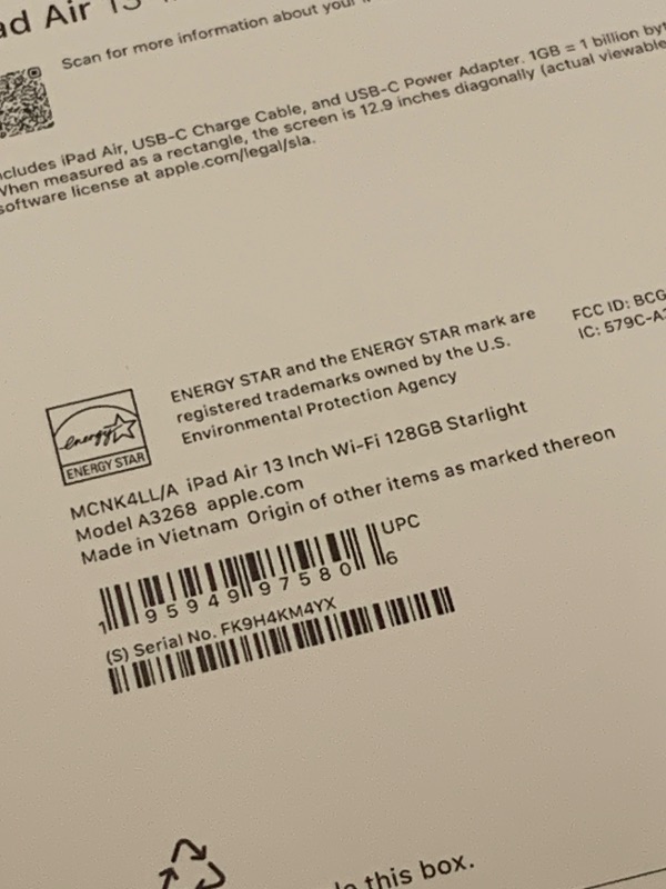 Photo 1 of Apple iPad Air 13-inch with M3 chip Built for Apple Intelligence, Liquid Retina Display, 128GB, 12MP Front/Back Camera, Wi-Fi 6E, Touch ID, All-Day Battery Life — Starlight