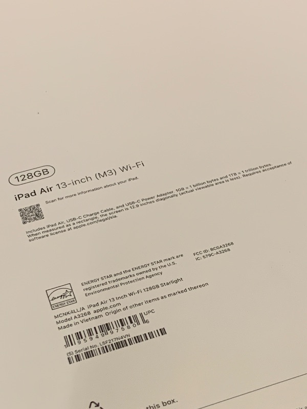 Photo 1 of Apple iPad Air 13-inch with M3 chip Built for Apple Intelligence, Liquid Retina Display, 128GB, 12MP Front/Back Camera, Wi-Fi 6E, Touch ID, All-Day Battery Life — Starlight