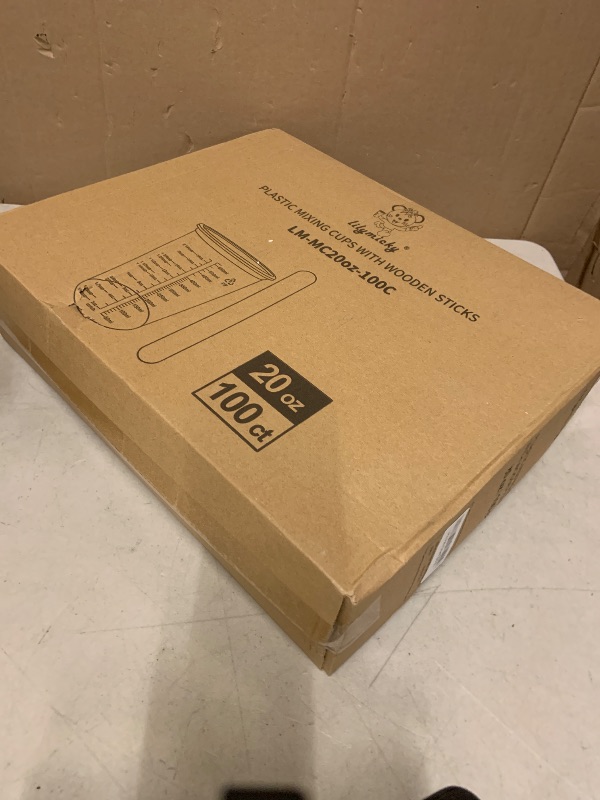 Photo 1 of 100 Pack Plastic Mixing Cups, 20 oz (600ml), Disposable Measuring Cups with 50 Wooden Mixing Sticks, Measurement ratios: 2:1, 3:1, 4:1, Suitable for Epoxy Resin, Liquid Measuring, and Paint