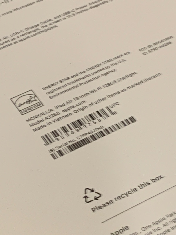 Photo 1 of Apple iPad Air 13-inch with M3 chip Built for Apple Intelligence, Liquid Retina Display, 128GB, 12MP Front/Back Camera, Wi-Fi 6E, Touch ID, All-Day Battery Life — Starlight