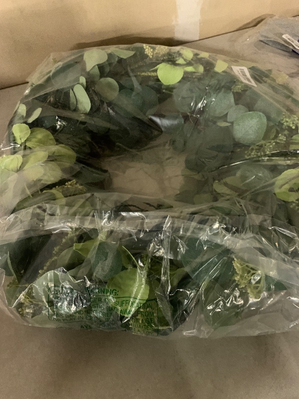 Photo 1 of 24 Inch Spring Wreath for Front Door, Spring Eucalyptus Wreath for Grapevine Farmhouse with Silk Printing Dollar Leaves Wreaths for Festival Celebration Front Door Wall Window Home Décor