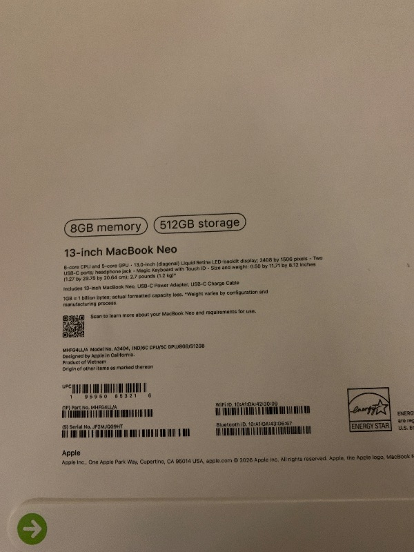 Photo 1 of Apple 2026 MacBook Neo 13-inch Laptop with A18 Pro chip: Built for AI and Apple Intelligence, Liquid Retina Display, 8GB Unified Memory, 512GB SSD Storage, 1080p FaceTime HD Camera, Touch ID; Indigo