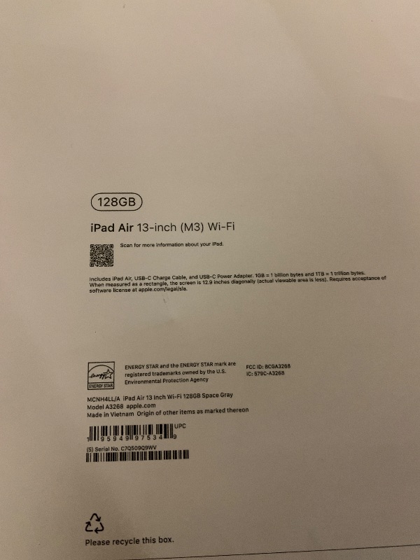 Photo 1 of Apple iPad Air 13-inch with M3 chip Built for Apple Intelligence, Liquid Retina Display, 128GB, 12MP Front/Back Camera, Wi-Fi 6E, Touch ID, All-Day Battery Life — Space Gray