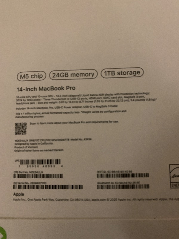 Photo 1 of Apple 2025 MacBook Pro Laptop with M5 chip with 10?core CPU and 10?core GPU: Built for Apple Intelligence, 14.2-inch Liquid Retina XDR Display, 24GB Unified Memory, 1TB SSD Storage; Space Black