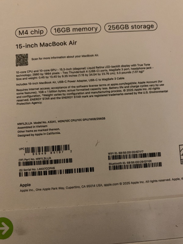 Photo 1 of Apple 2025 MacBook Air 15-inch Laptop with M4 chip: Built for Apple Intelligence, 15.3-inch Liquid Retina Display, 16GB Unified Memory, 256GB SSD Storage, 12MP Center Stage Camera, Touch ID; Midnight
