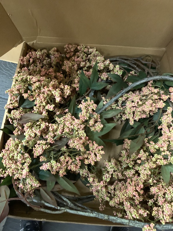 Photo 1 of Zeyune 3 Pcs Artificial Green Berry Stem 35 Inch Spring Faux Flowers Picks Branches Fake Realistic Sedum Stem Spray for Wedding Holiday Seasonal Farmhouse Mantel Harvest DIY Home Decorations