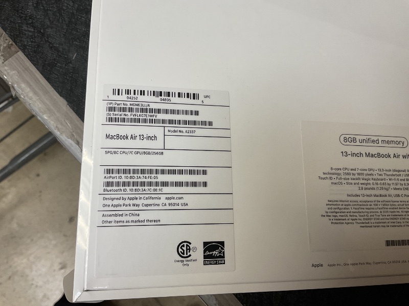 Photo 1 of 2020 Apple MacBook Air Laptop: Apple M1 Chip, 13” Retina Display, 8GB RAM, 256GB SSD Storage, Backlit Keyboard, FaceTime HD Camera, Touch ID. Works with iPhone/iPad; Space Gray