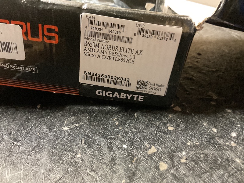 Photo 1 of GIGABYTE B650M AORUS Elite AX AMD AM5 mATX Motherboard, Support Ryzen 9000/8000/7000 Series, DDR5, 12+2+2 Power Phase, PCIe 5.0 M.2, USB-C 3.2 Gen 2, WIFI6E, 2.5GbE, EZ-Latch, Q-Flash, RGB Fusion