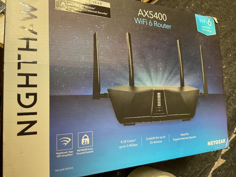 Photo 1 of NETGEAR Nighthawk 6-Stream Dual-Band WiFi 6 Router (RAX54S) – Security Features, AX5400 Wireless Speed, Up to 5.4 Gbps, Covers up to 2,500 sq. ft., 25 Devices - 1-Year Armor Subscription Included