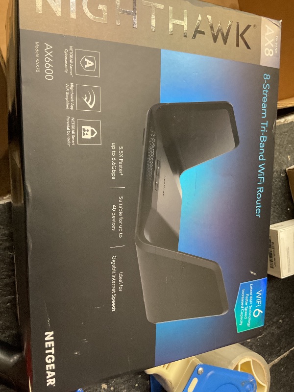 Photo 1 of NON-FUNCTIONAL, PARTS ONLY-----------NETGEAR Nighthawk 8-Stream WiFi 6 Router (RAX70) - Security Features, AX6600 Tri-Band Wireless Speed (up to 6.6 Gbps) - Coverage up to 2,500 sq. ft., 40 Devices