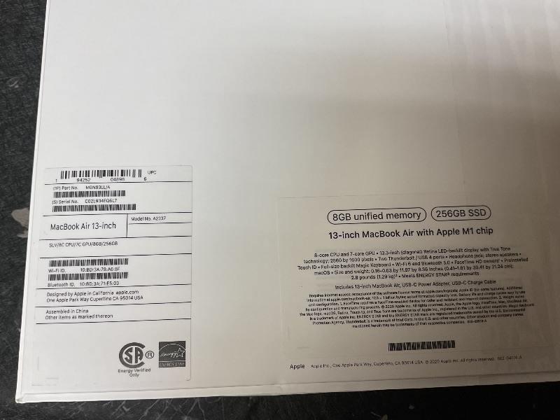 Photo 1 of 2020 Apple MacBook Air Laptop: Apple M1 Chip, 13” Retina Display, 8GB RAM, 256GB SSD Storage, Backlit Keyboard, FaceTime HD Camera, Touch ID. Works with iPhone/iPad; Silver