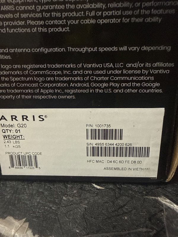 Photo 1 of Arris (G20) - Cable Modem Router Combo - Fast DOCSIS 3.1 Multi-Gigabit WiFi 6 (AX3000), Approved for Comcast Xfinity, Cox, Spectrum & More, 1.0 Gbps Max Speeds, Next-Generation Upload Optimized