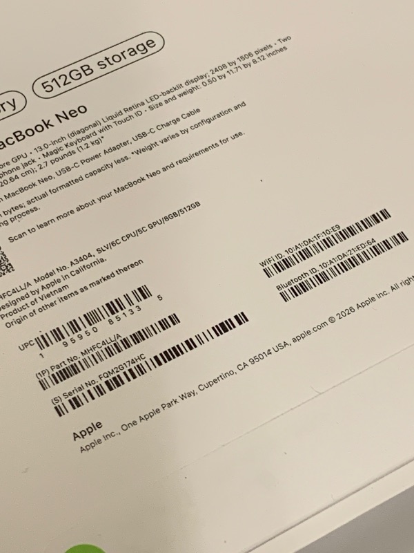 Photo 1 of Apple 2026 MacBook Neo 13-inch Laptop with A18 Pro chip: Built for AI and Apple Intelligence, Liquid Retina Display, 8GB Unified Memory, 512GB SSD Storage, 1080p FaceTime HD Camera, Touch ID; Silver