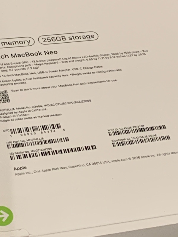 Photo 1 of Apple 2026 MacBook Neo 13-inch Laptop with A18 Pro chip: Built for AI and Apple Intelligence, Liquid Retina Display, 8GB Unified Memory, 256GB SSD Storage, 1080p FaceTime HD Camera; Indigo