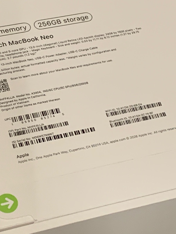Photo 1 of Apple 2026 MacBook Neo 13-inch Laptop with A18 Pro chip: Built for AI and Apple Intelligence, Liquid Retina Display, 8GB Unified Memory, 256GB SSD Storage, 1080p FaceTime HD Camera; Indigo