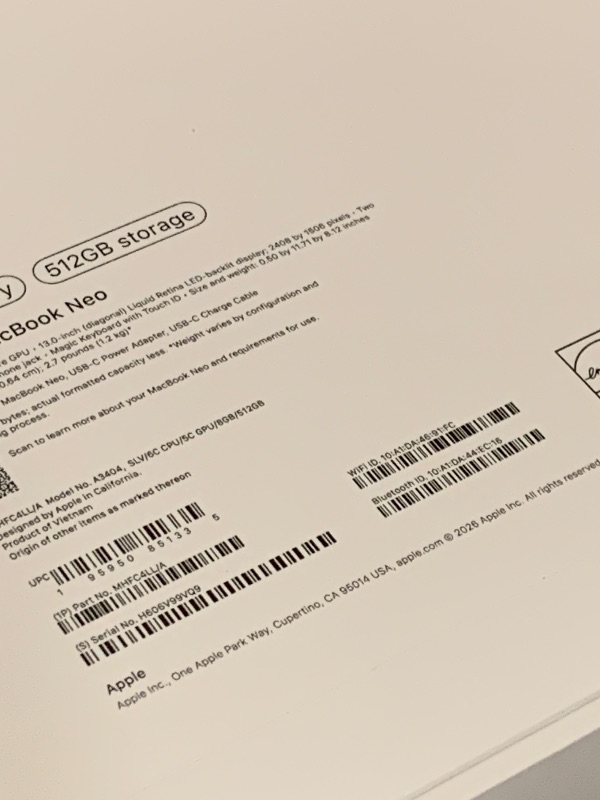 Photo 1 of Apple 2026 MacBook Neo 13-inch Laptop with A18 Pro chip: Built for AI and Apple Intelligence, Liquid Retina Display, 8GB Unified Memory, 512GB SSD Storage, 1080p FaceTime HD Camera, Touch ID; Silver