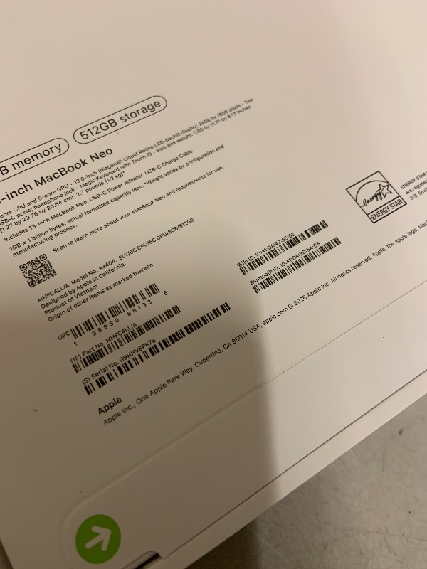Photo 1 of Apple 2026 MacBook Neo 13-inch Laptop with A18 Pro chip: Built for AI and Apple Intelligence, Liquid Retina Display, 8GB Unified Memory, 512GB SSD Storage, 1080p FaceTime HD Camera, Touch ID; Silver