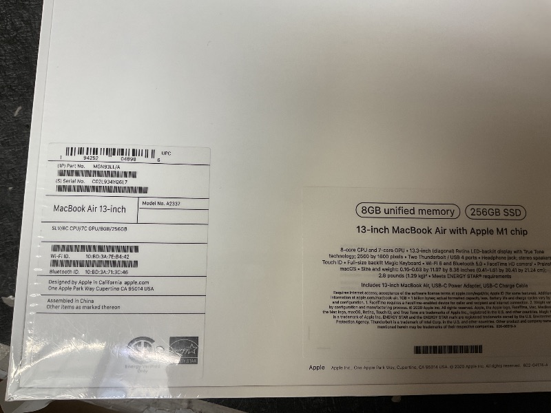 Photo 1 of FACTORY SEALED SEE PICTURES,,,,,,,,,,,,,,,2020 Apple MacBook Air Laptop: Apple M1 Chip, 13” Retina Display, 8GB RAM, 256GB SSD Storage, Backlit Keyboard, FaceTime HD Camera, Touch ID. Works with iPhone/iPad; Silver