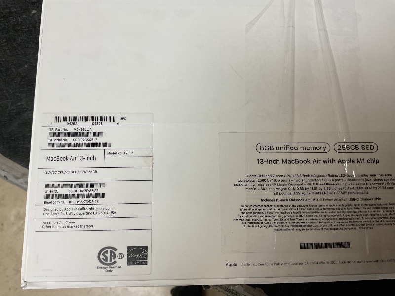 Photo 1 of 2020 Apple MacBook Air Laptop: Apple M1 Chip, 13” Retina Display, 8GB RAM, 256GB SSD Storage, Backlit Keyboard, FaceTime HD Camera, Touch ID. Works with iPhone/iPad; Silver