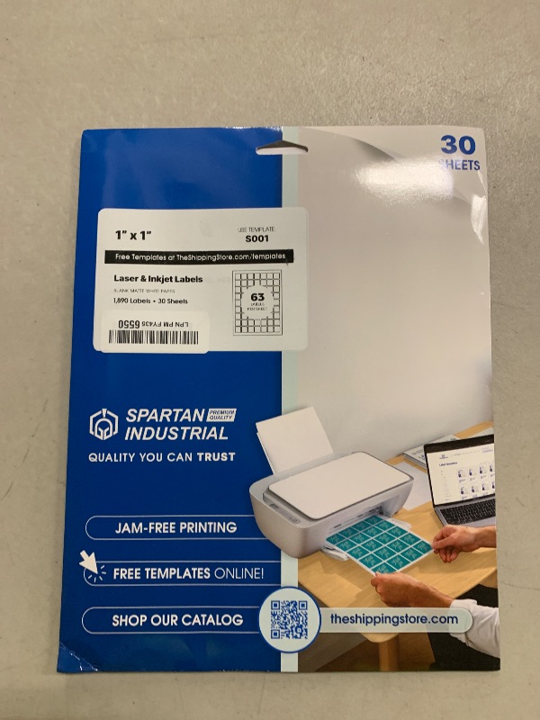 Photo 1 of 1" X 1" Matte White Printable Labels (30 Sheets, 1890 Stickers) Custom Stickers, Logo and Barcode Stickers for Laser & Inkjet Printers - Spartan Industrial Template S001