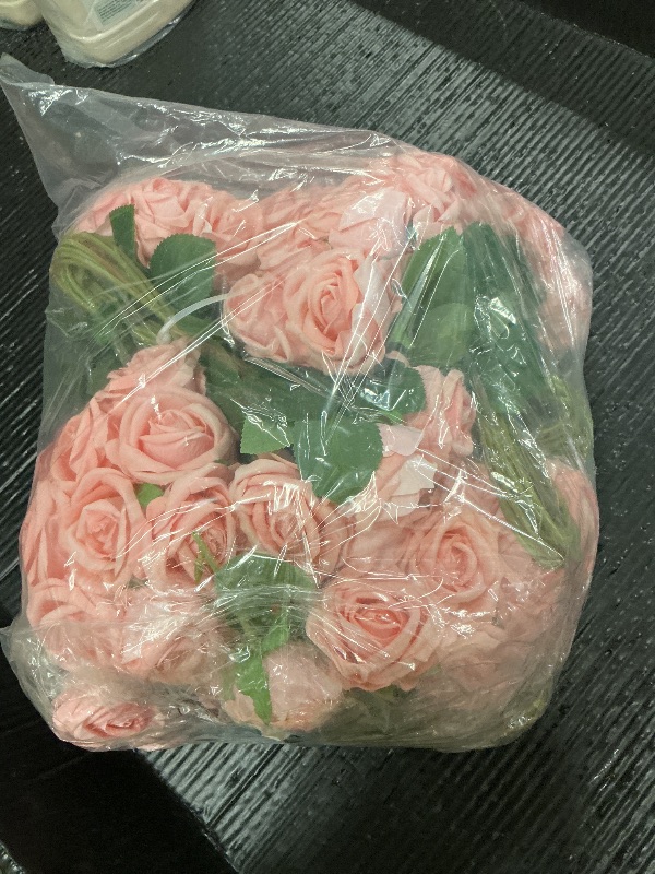 Photo 1 of 100 Pcs Pink Roses Artificial Flowers, Real Touch Velvet Roses Bouquet Fake Flowers Bulk, Artificial Roses with Long Stems for Birthday Gift Women Mom DIY Bridal Wedding Centerpiece Decorations