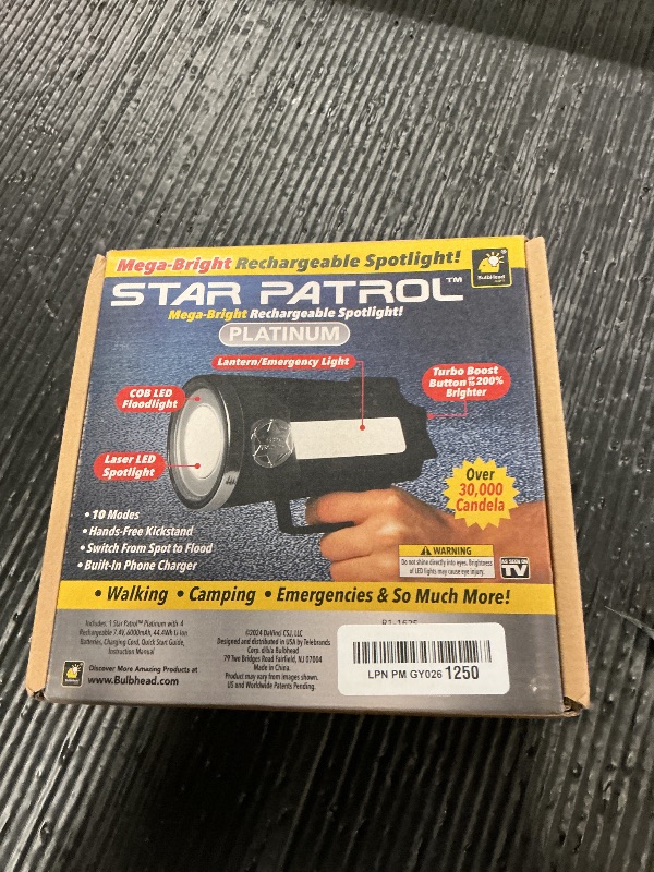 Photo 1 of ****NONFUNCTIONAL FOR PARTS ONLY******
Star Patrol Platinum Mega-Bright Rechargeable Spotlight, AS SEEN ON TV, Tactical Flashlight, 10 Modes, Turbo Boost Up to 100%, Built-in Kickstand & Phone Charger, for Camping,Emergencies, 9 in, Black