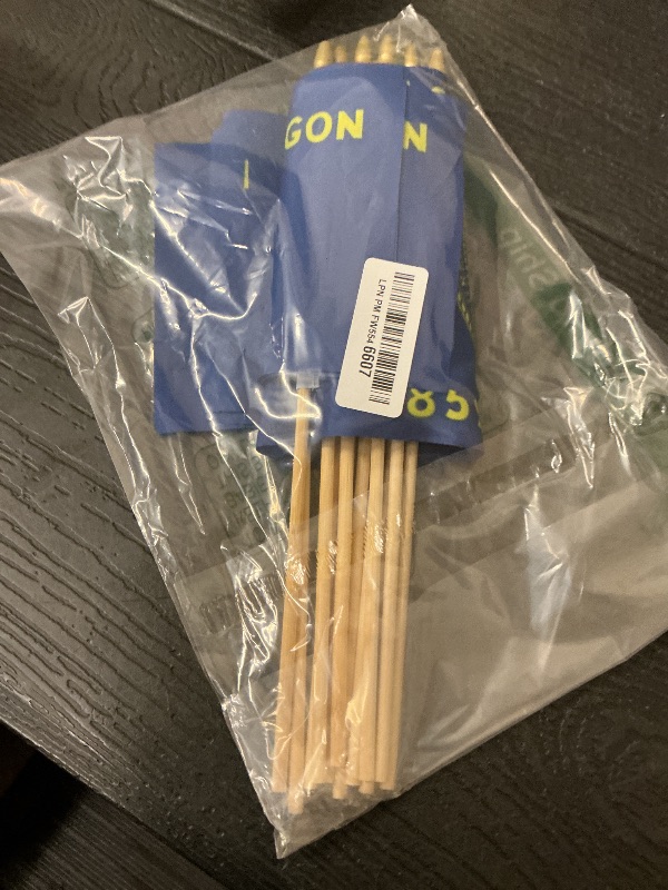 Photo 1 of 12 Pack Oregon OR State Handheld Stick Flag 5x8 Inch on Wood Stick Small Mini Handheld Flags,Party Decor Parades Festival Event Celebration. (OR, 5X8IN)