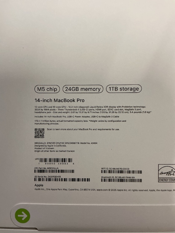 Photo 1 of FACTORY SEALED—  Apple 2025 MacBook Pro Laptop with M5 chip with 10?core CPU and 10?core GPU: Built for Apple Intelligence, 14.2-inch Liquid Retina XDR Display, 24GB Unified Memory, 1TB SSD Storage; Space Black