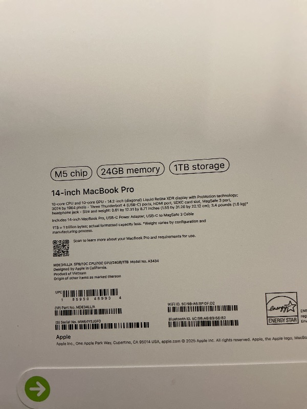 Photo 1 of FACTORY SEALED— Apple 2025 MacBook Pro Laptop with M5 chip with 10?core CPU and 10?core GPU: Built for Apple Intelligence, 14.2-inch Liquid Retina XDR Display, 24GB Unified Memory, 1TB SSD Storage; Space Black