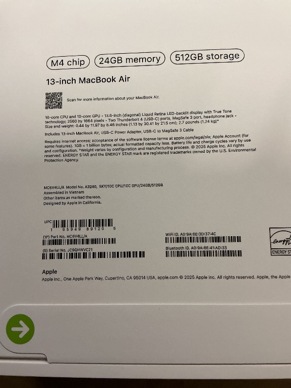 Photo 1 of FACTORY SEALED—  Apple 2025 MacBook Air 13-inch Laptop with M4 chip: Built for Apple Intelligence, 13.6-inch Liquid Retina Display, 24GB Unified Memory, 512GB SSD Storage, 12MP Center Stage Camera, Touch ID; Sky Blue
