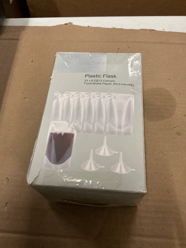 Photo 1 of 24 Pcs Plastic Flasks, 8 Oz Concealable and Reusable Drink Pouches, Leak-Proof Food Grade Plastic for Travel (8OZ-24PCS +3 Funnels)
