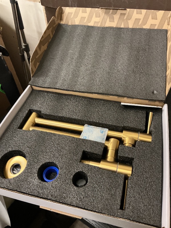 Photo 1 of KES Kitchen Gold Pot Filler Folding Faucet Brass Double Joint Swing Arm Sink Faucet Articulating Wall Mount Two Handle Brushed Gold, KN926LFF18-BZ