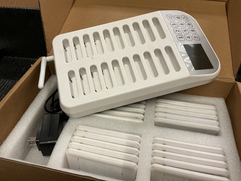 Photo 1 of LOUKIENE Wireless Restaurant Pager System, 20 Beepers, White Calling System Waiting Beepers for Queue in Restaurants Food Truck Churches Hospital Hotel Bar Eatery with Vibration Flash and Buzzer