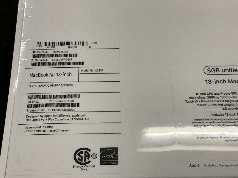 Photo 1 of 2020 Apple MacBook Air Laptop: Apple M1 Chip, 13” Retina Display, 8GB RAM, 256GB SSD Storage, Backlit Keyboard, FaceTime HD Camera, Touch ID. Works with iPhone/iPad; Silver