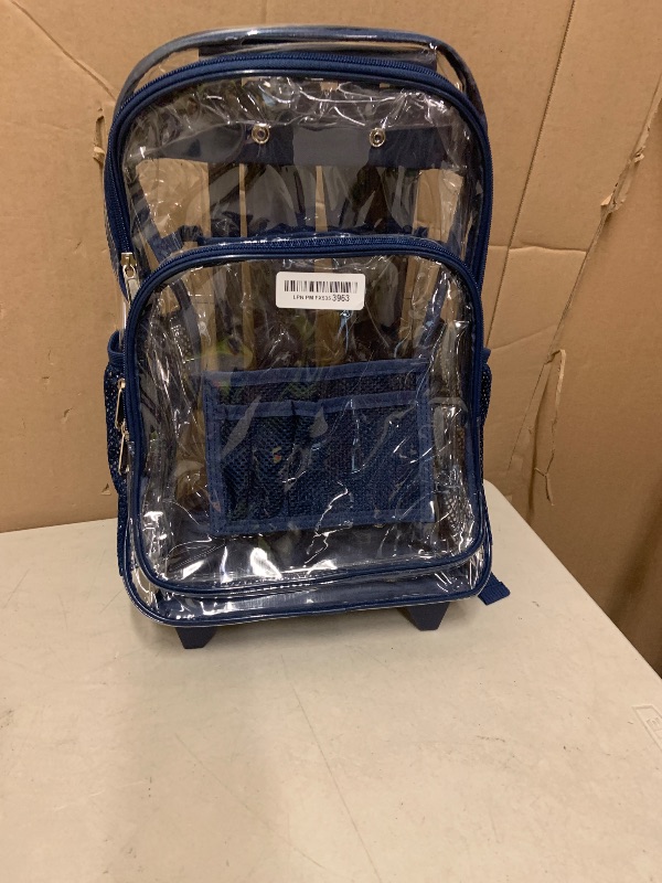 Photo 1 of Clearworld Rolling Clear Backpack, Heavy Duty Security Transparent PVC Backpack with Wheels,See Through Bookbag for College, Work, Travel(Dark Blue)