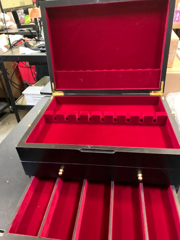 Photo 1 of GENRICE Wooden Silverware Chest without Silverware Three-layer, Silverware Box Storage for Silver, Silverware Case with Handle and Felt Lined, Flatware Chest for 12 or 16 or more sets of Utensils