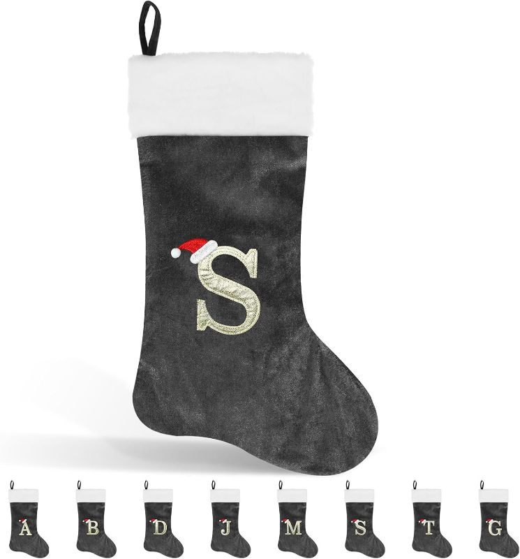 Photo 1 of Personalized Xmas Stockings 45cm Large Initial Monogram Embroidered Letter Christmas Stocking Grey Velvet Classic Christmas Stockings Xmas Holiday Decor Tree Decoration for Kids & Adults Gift (S)